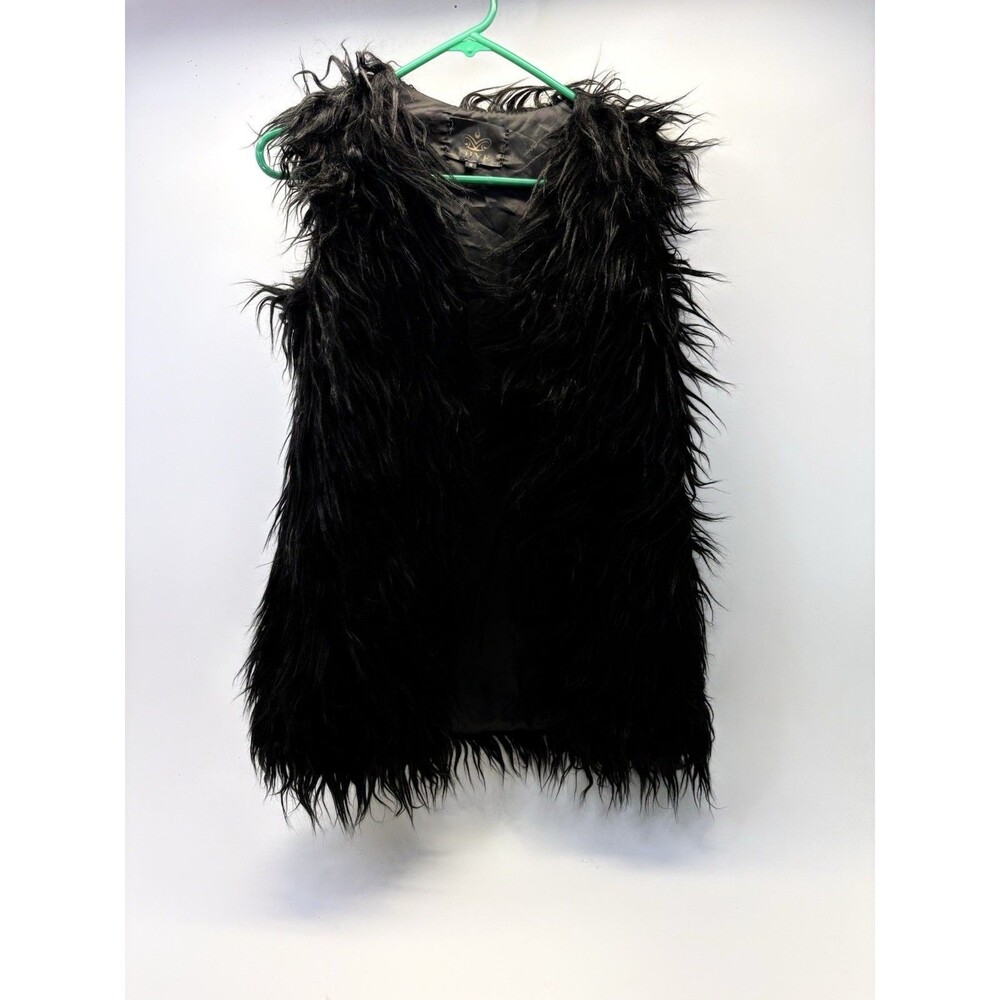 QIYE Women’s Black Long Hair Faux Fur Vest Hook Closure Size S